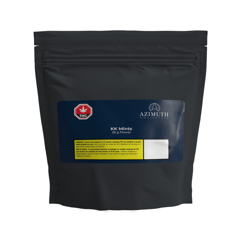 A black package of Azimuth Collective KK Mints Bud with product information labels.