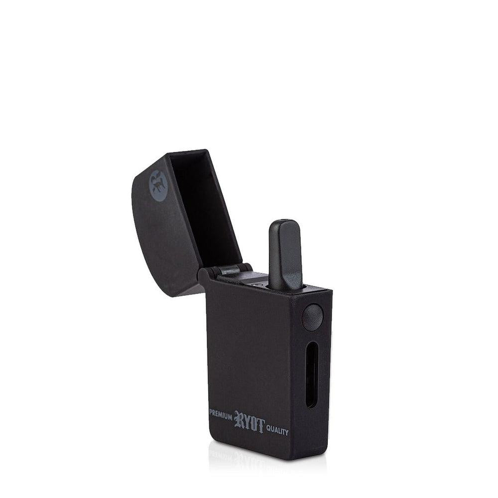 A black RYOT Verb 510 battery for vaporizers with its lid open, showing the internal compartment.