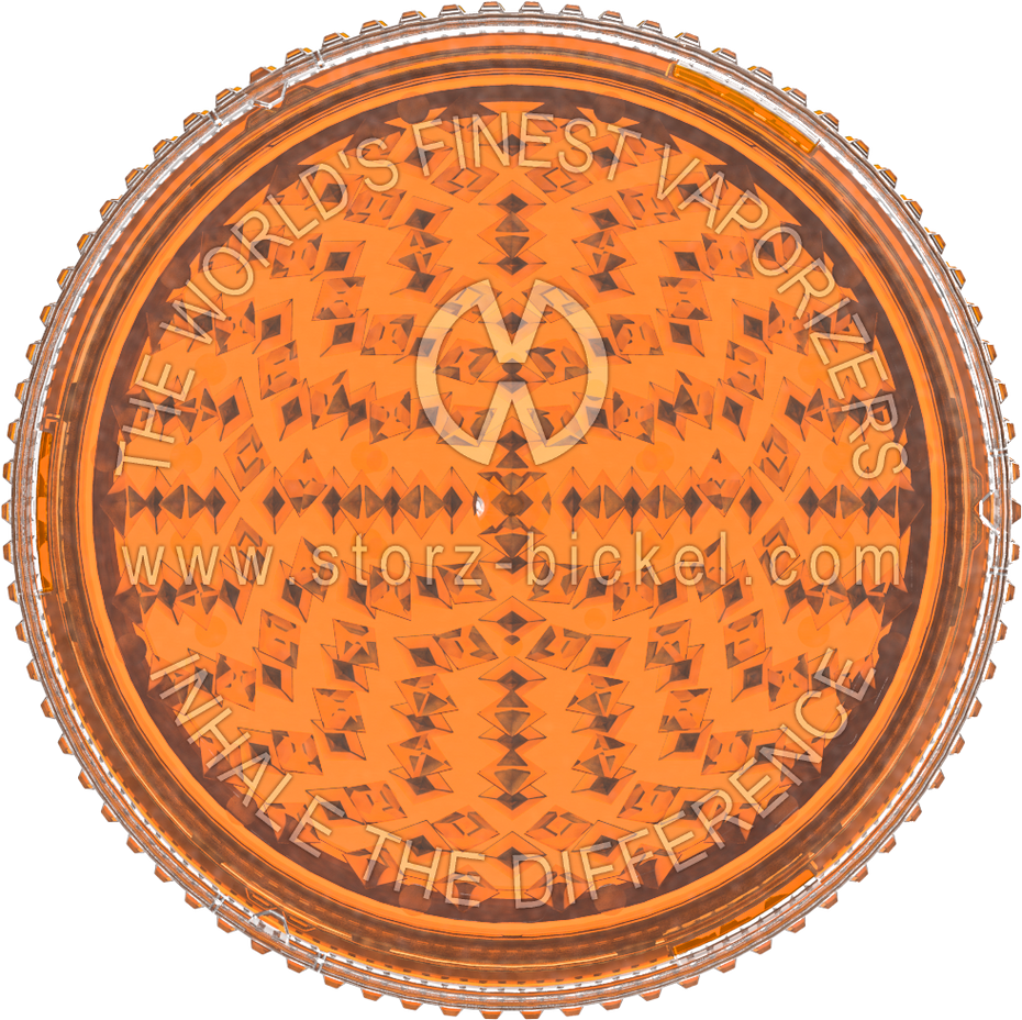 This is a grinder from Storz & Bickel made of orange plastic, pictured from the top down, as if looking directly at the top of the grinder.