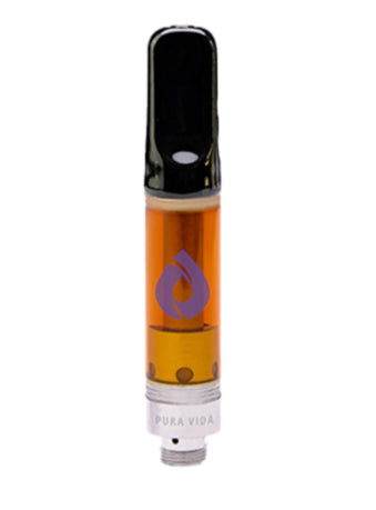 This image features the Pura Vida Grape Ape Honey Oil Vape Cartridge, prominently displayed against a clean, white background. The vape cartridge itself is sleek, with a black body and a clear glass section in the middle where the oil is visible.