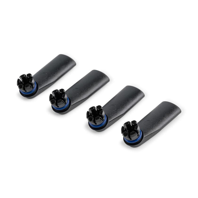 A set of four black replacement mouthpieces with blue accents, for S&B Mighty and Crafty+ vaporizers.