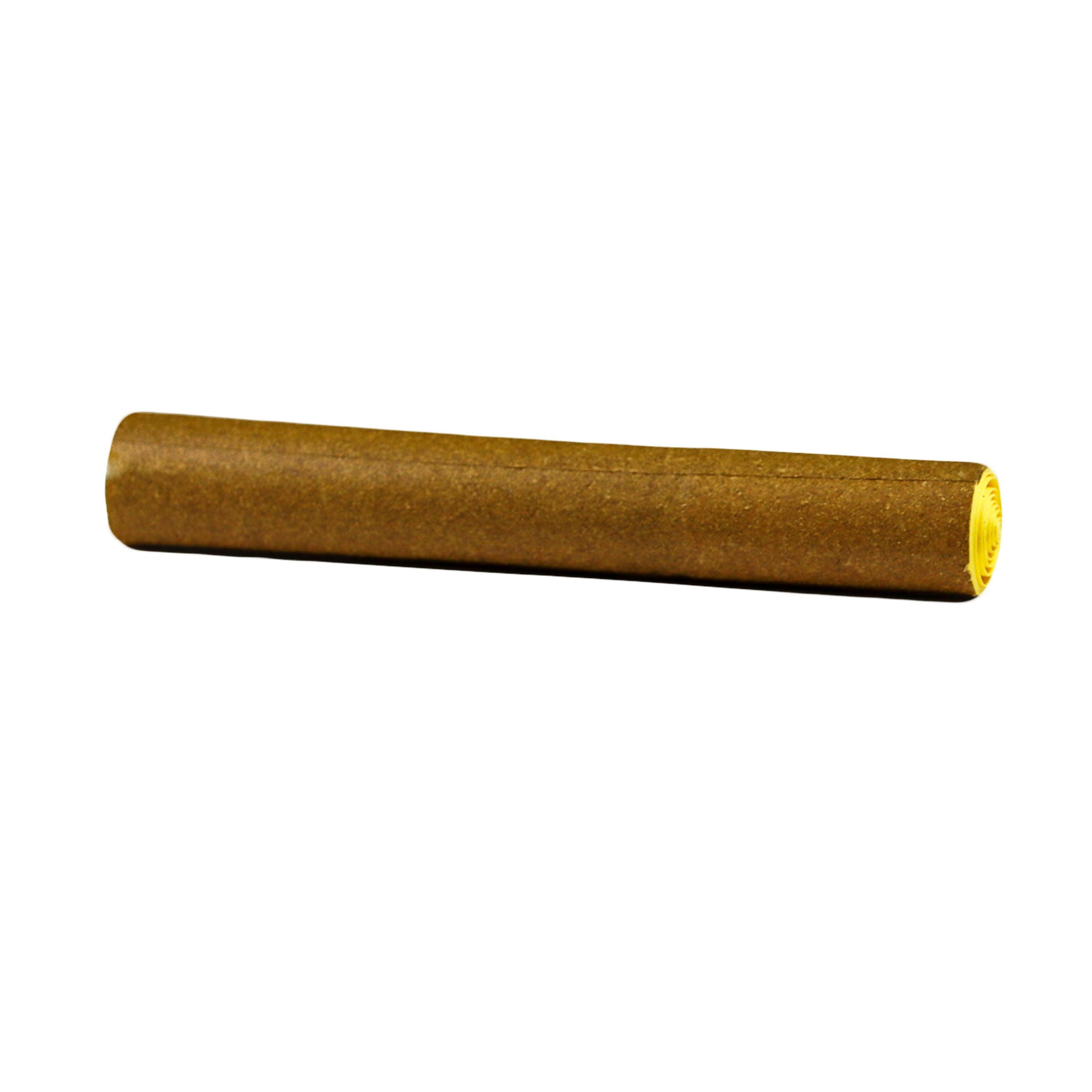 A cylindrical object resembling a cannagar pre-roll with a brown outer color and a yellow tip.