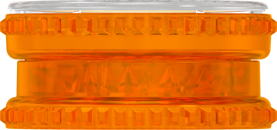 This is a grinder from Storz & Bickel made of orange plastic, pictured from the side