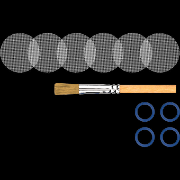 A set of white cap rings, a cleaning brush with a beige handle and blue bristles, and blue screen sets.