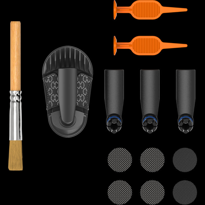 An image showing the Storz & Bickel Crafty+ Wear and Tear Set with various spare parts including mouthpieces, cooling unit, screen set, filling chamber tools, and cleaning brush.