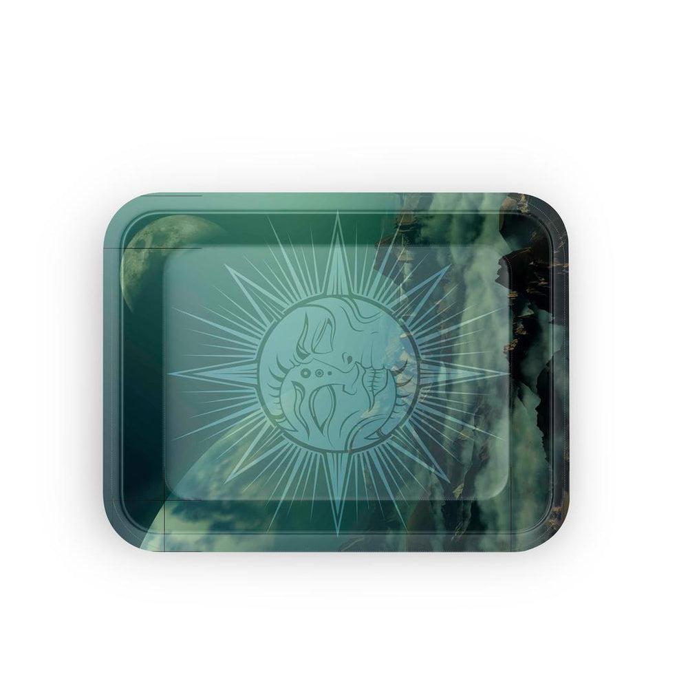 Small rectangular rolling tray with a smooth surface featuring a moon design in the center on a green background.