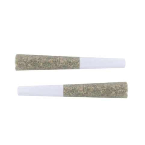Two pre-rolled joints with visible cannabis buds and white rolling paper.