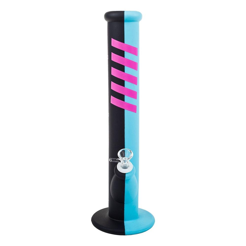 A vertical silicone waterpipe with black and blue coloring and pink stripes, including a glass bowl and a mouthpiece.