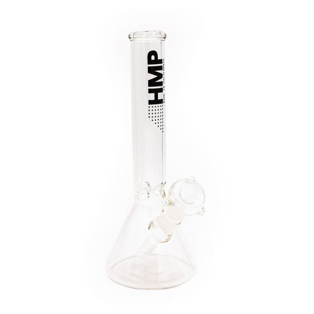 A 12 inch clear glass beaker waterpipe with 'HMP' text printed on the side.