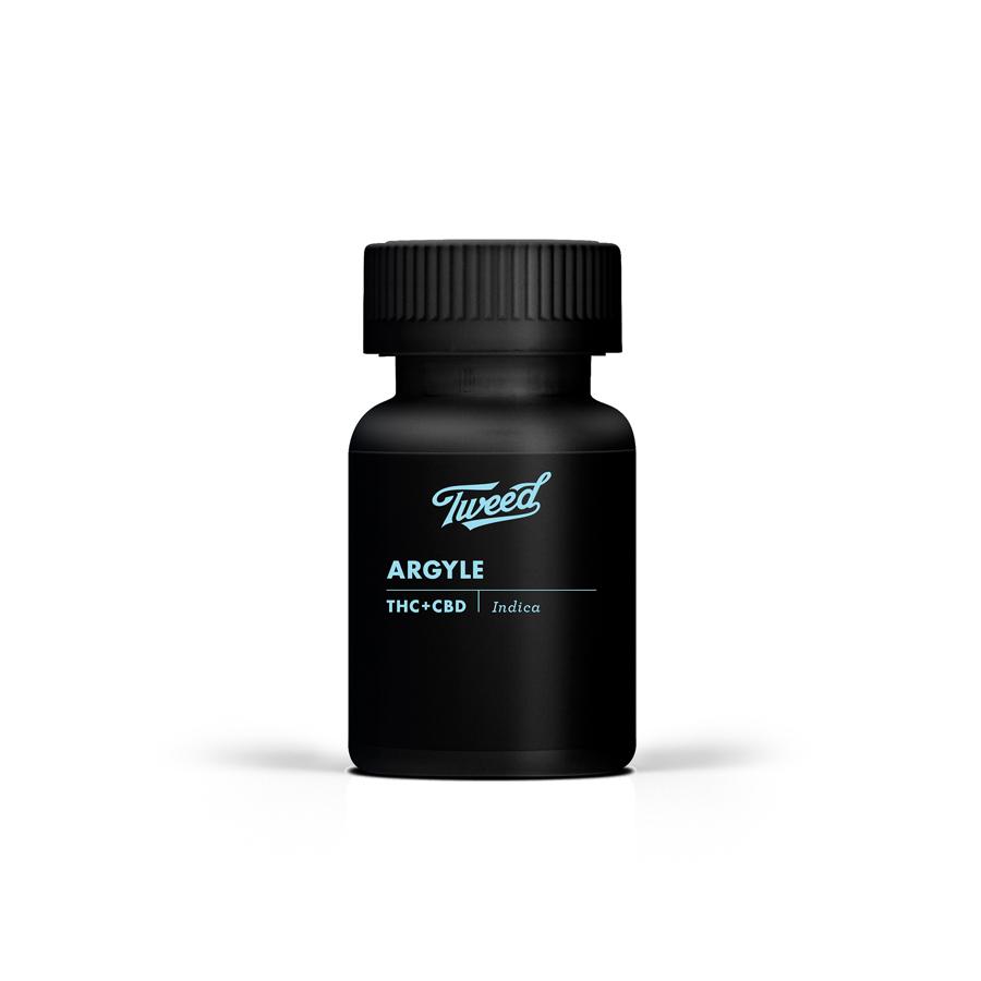 A black bottle labeled 'Tweed Argyle THC+CBD'