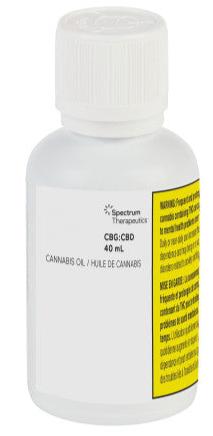 A bottle of Spectrum CBG CBD Oil with a white label displaying the product details, including the name, concentration of CBD and CBG, and the brand logo.