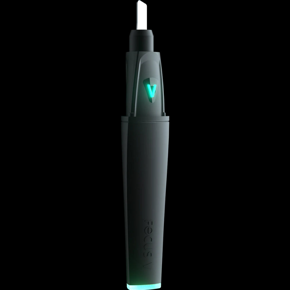 Electronic dab tool with a black body and a small screen displaying the letter 'V'. It has a sleek, ergonomic design with a button on the side.