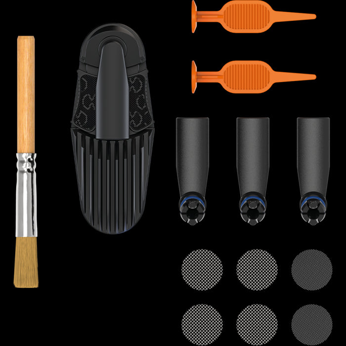 An image showing the Storz & Bickel Mighty Wear and Tear Set with various spare parts including mouthpieces, a cooling unit, screen set, filling chamber tools, and a cleaning brush.