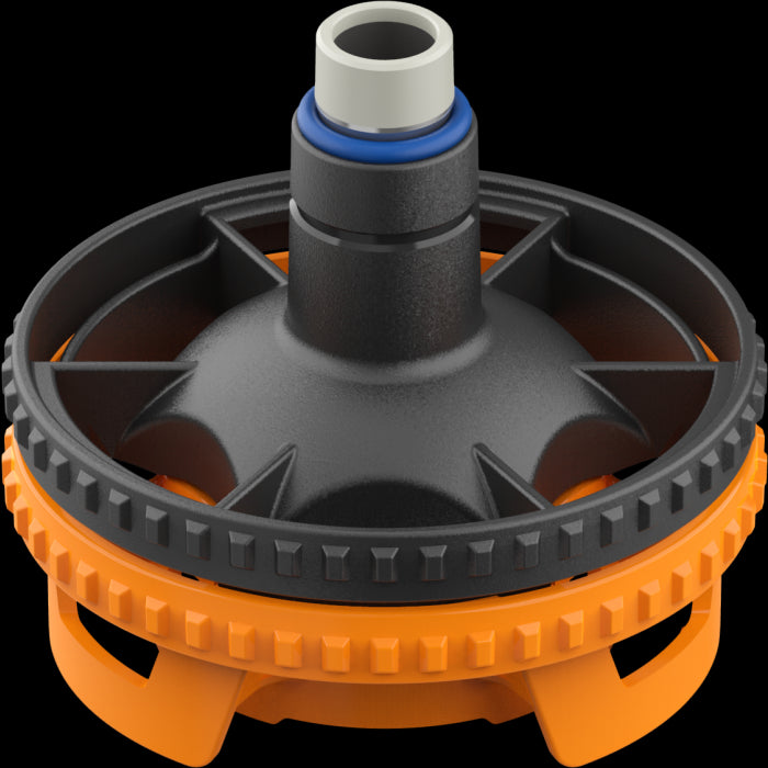 An image of a Storz & Bickel Filling Chamber, primarily black and orange in color, used for vaporizing ground plant material.