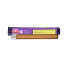 Vaping device with purple packaging and a warning label on a white background
