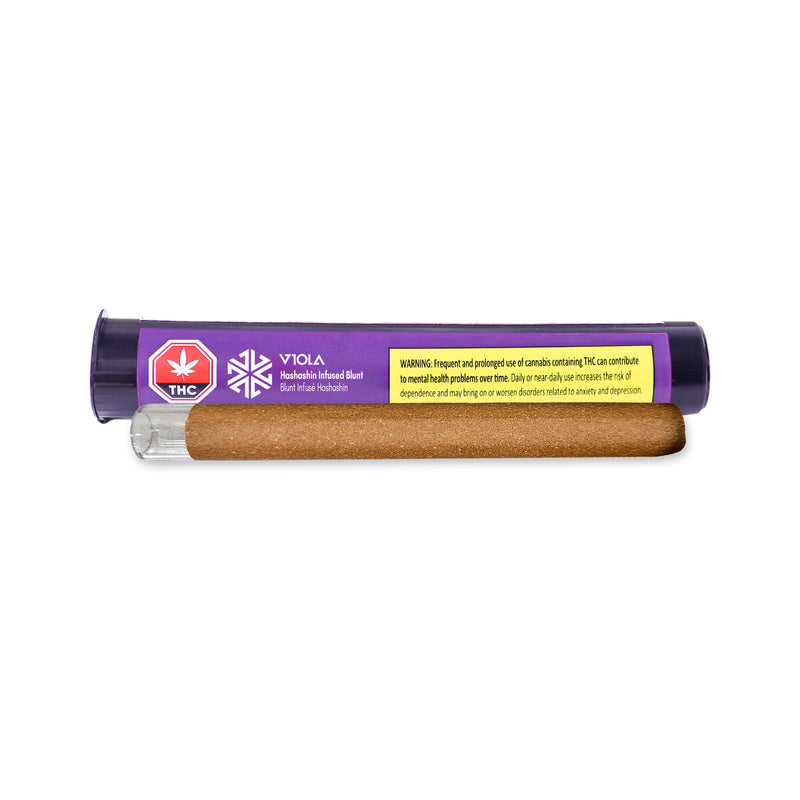 Vaping device with purple packaging and a warning label on a white background