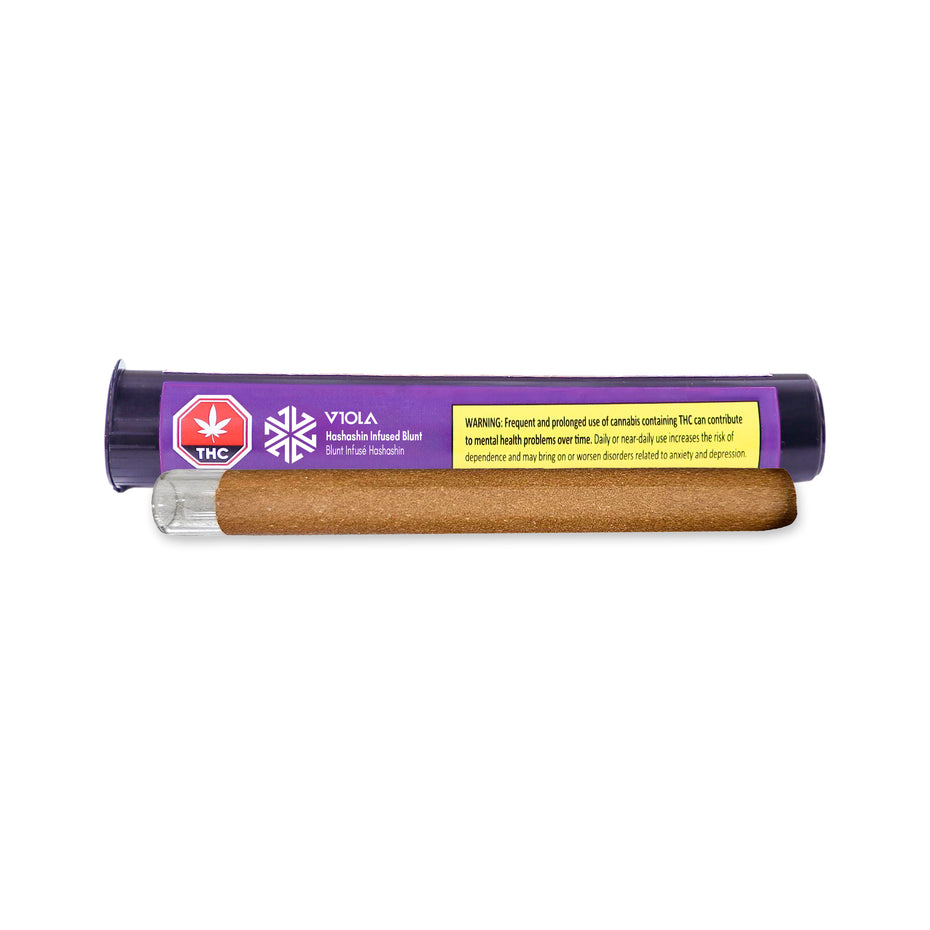 Vaping device with purple packaging and a warning label on a white background