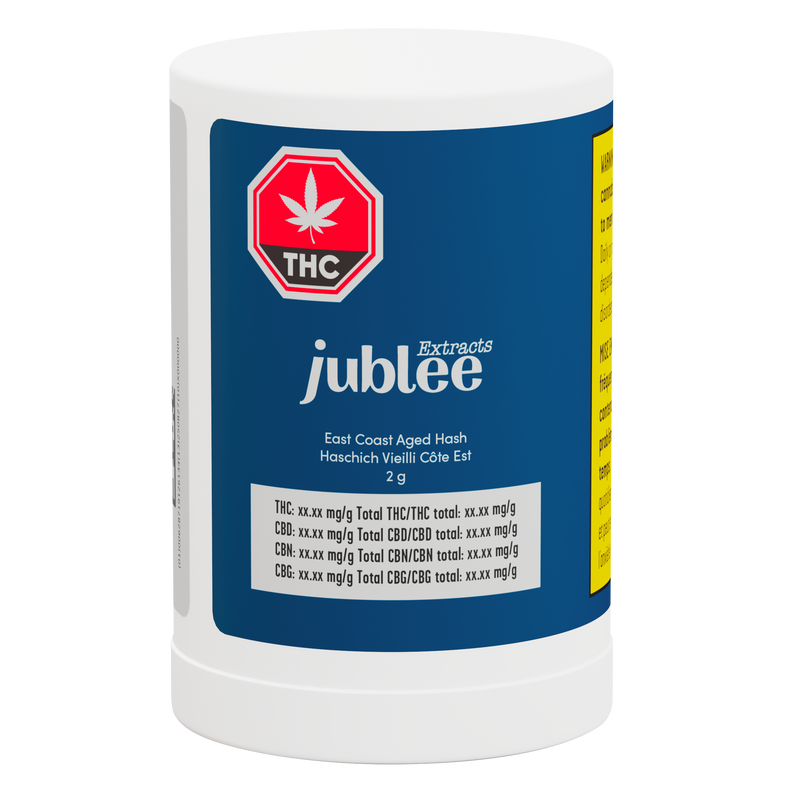 Container of jublee THC Extracts with blue label and white background