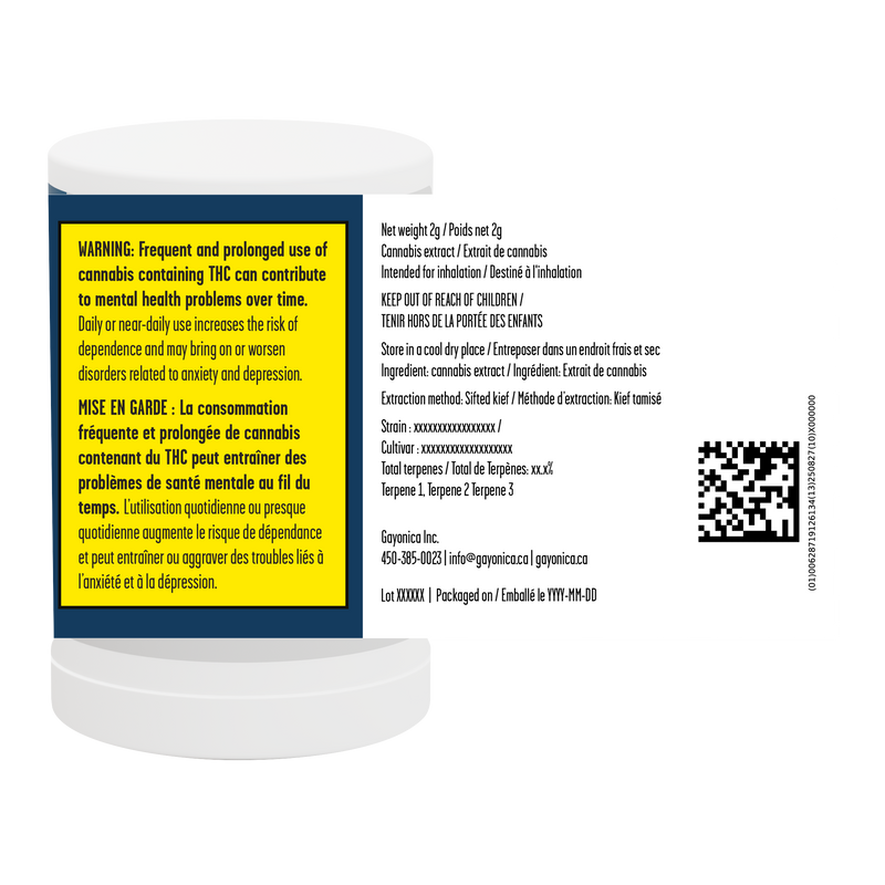 Cannabis container with warning label and QR code on a white background