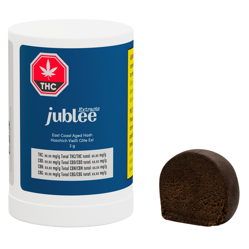 Jublee THC Extracts container with a cannabis leaf logo and a dark brown hash product on a white background.