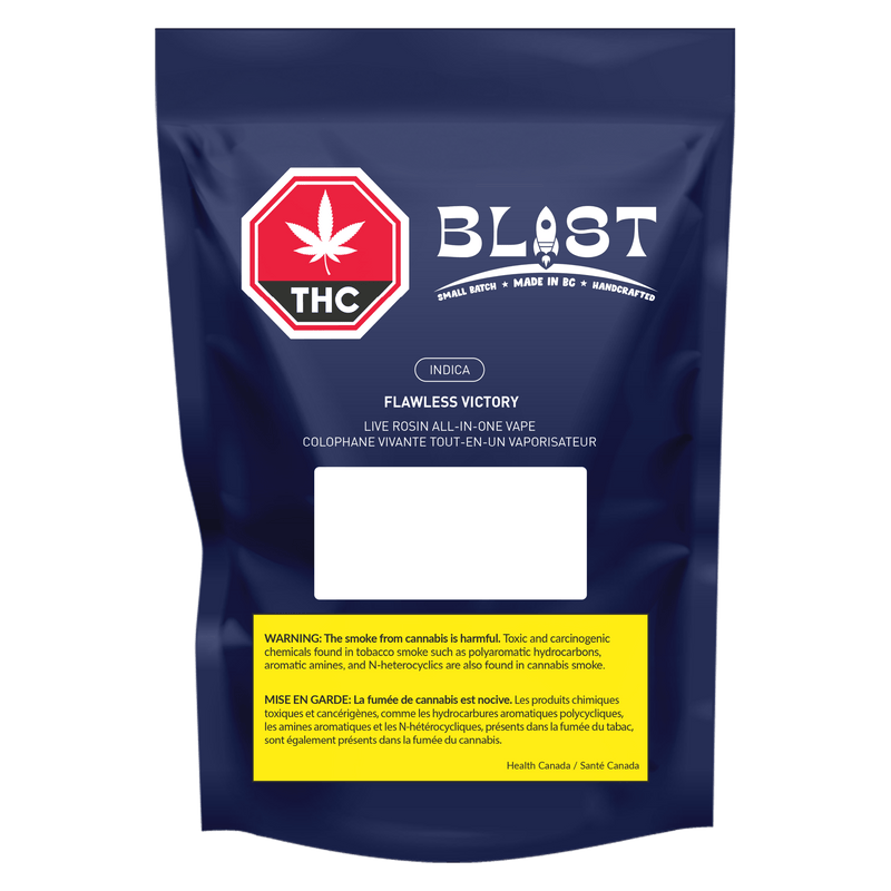 Blue packaging of THC Blast with branding and product details on a blue background