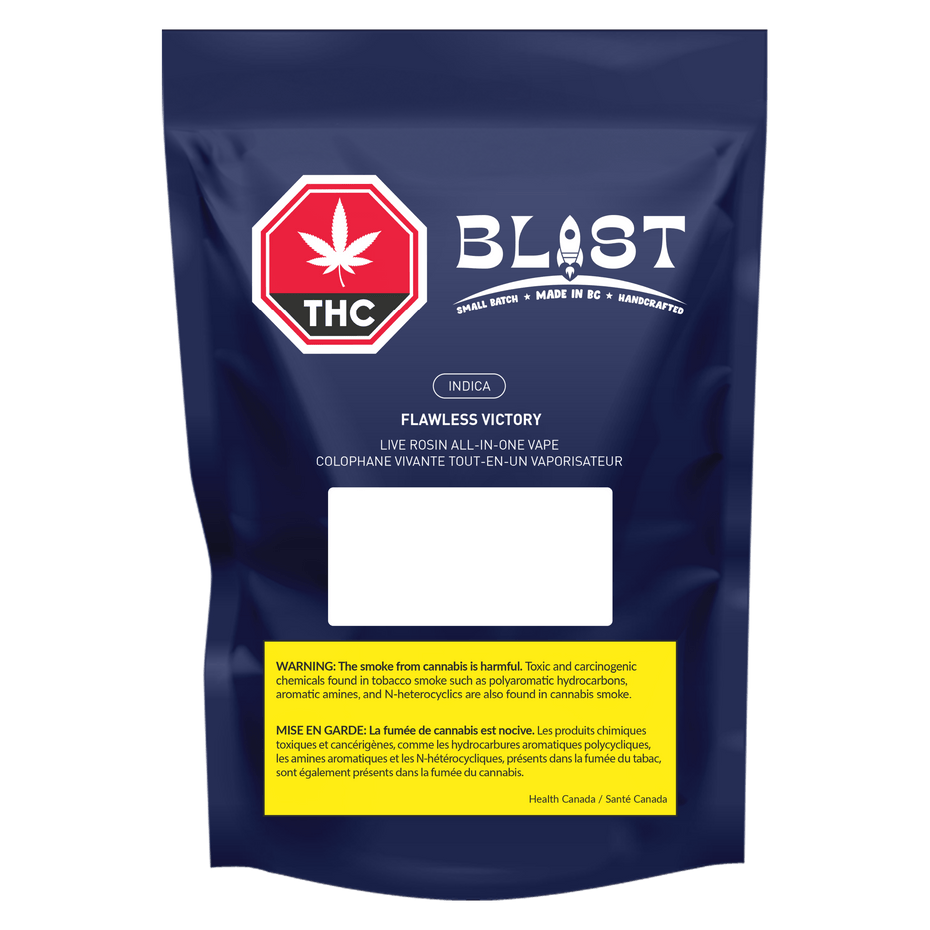 Blue packaging of THC Blast with branding and product details on a blue background
