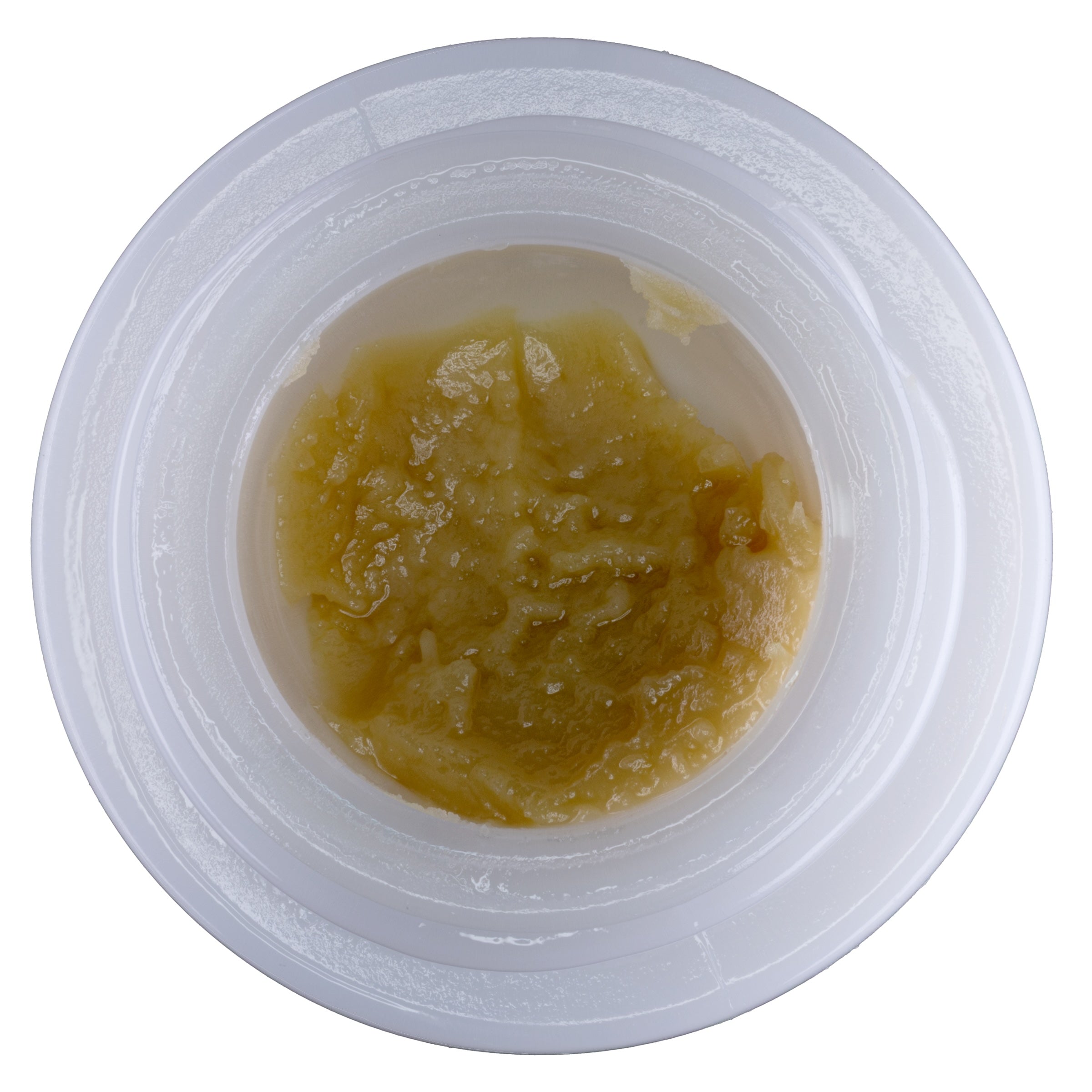 Jar of yellowish substance with a white lid on a white background