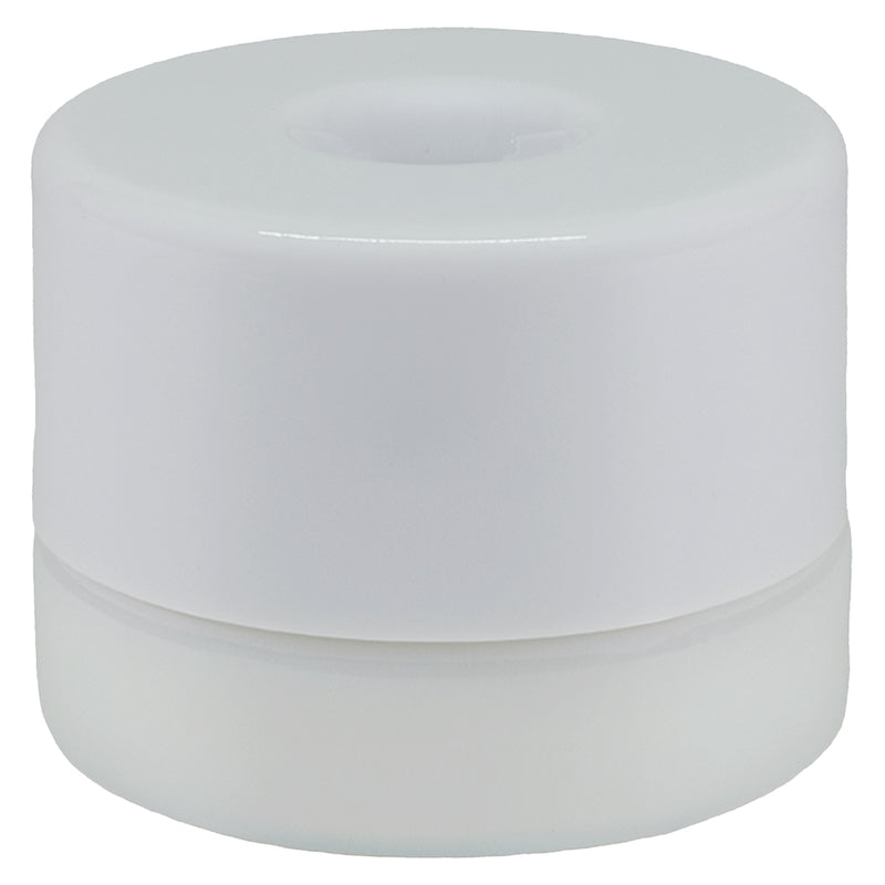 White cylindrical container with a lid on a white background