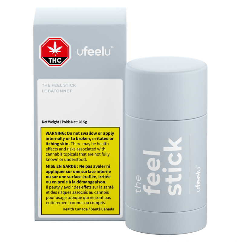 Packaging of UfeelU The Feel Good Stick Topical, displaying the product name and information, with a white ointment stick in front.