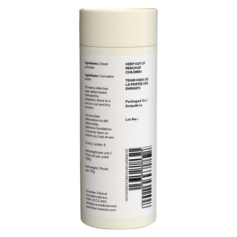 White cylindrical container with text and a barcode on a white background