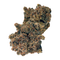This image features a close-up view of a dense, compact bud of DOJA OG Deluxe Top Colas, weighing 14g. The bud is rich in color, displaying a dark brown hue with hints of purple and a coating of trichomes that reflect light, giving it a slightly shiny appearance.