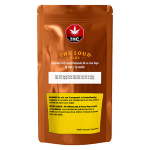 Orange vape packaging with THC logo and warning label on a white background