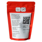 Red resealable stand-up pouch showing the back side with a large white label, QR code, warning text, and Canadian Clinical Cannabinoids Inc. contact information on a plain white background.