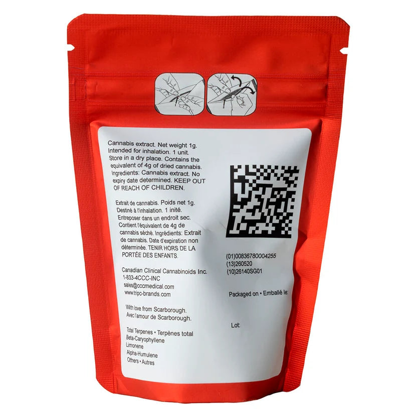 Red resealable stand-up pouch showing the back side with a large white label, QR code, warning text, and Canadian Clinical Cannabinoids Inc. contact information on a plain white background.