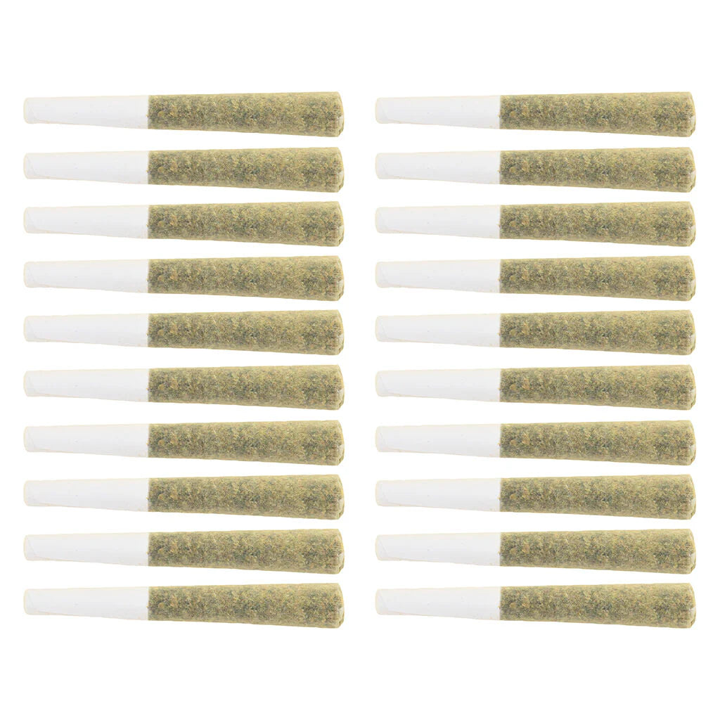 Multiple pre-rolled joints with white paper and green rolling paper on a white background