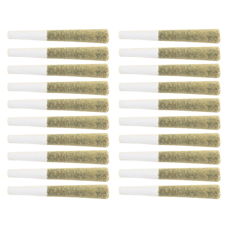 Multiple pre-rolled joints with white paper and green rolling paper on a white background