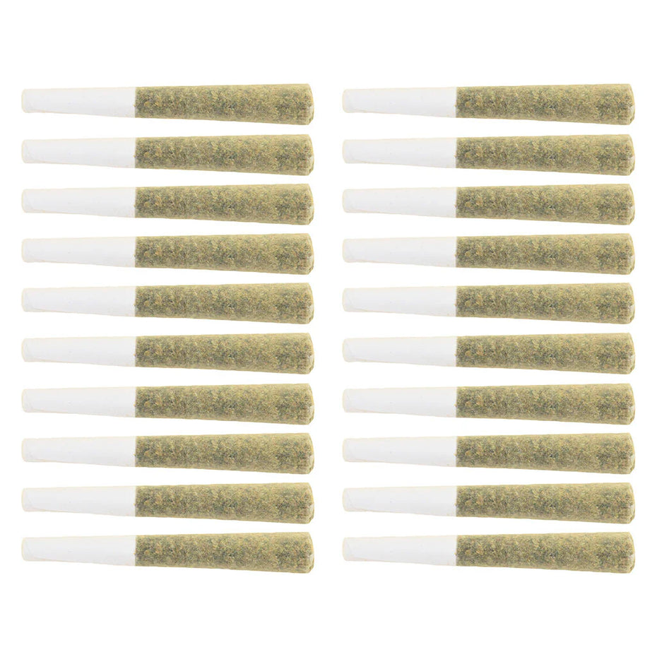 Multiple pre-rolled joints with white paper and green rolling paper on a white background