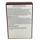 A white rectangular product box with a dark brown border, showing the back side with printed text in English and French about edible cannabis, ingredients, and storage. The box is photographed against a plain white background.