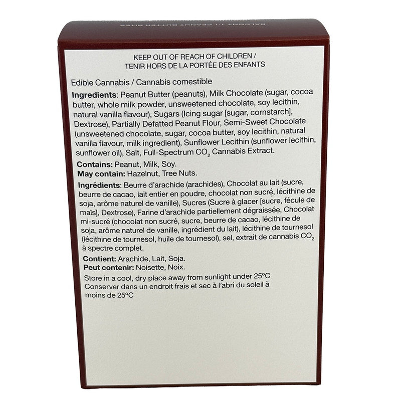 A white rectangular product box with a dark brown border, showing the back side with printed text in English and French about edible cannabis, ingredients, and storage. The box is photographed against a plain white background.