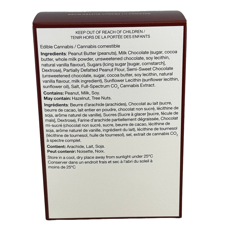 A white rectangular product box with a dark brown border, showing the back side with printed text in English and French about edible cannabis, ingredients, and storage. The box is photographed against a plain white background.