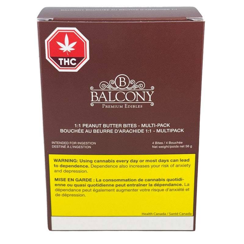A box of balcony brand THC peanut butter bites multi-pack, featuring a dark brown packaging design with a yellow warning label and a red hexagonal THC logo.