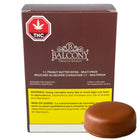 A box of Balcony Premium Edibles THC 1:1 Peanut Butter Bites Multi-Pack next to a single chocolate-covered peanut butter bite on a white background.
