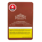 A brown rectangular package card for balcony premium edibles, featuring a red THC warning seal at the top left, white branding text, and a yellow warning panel at the bottom, shown on a plain white background.