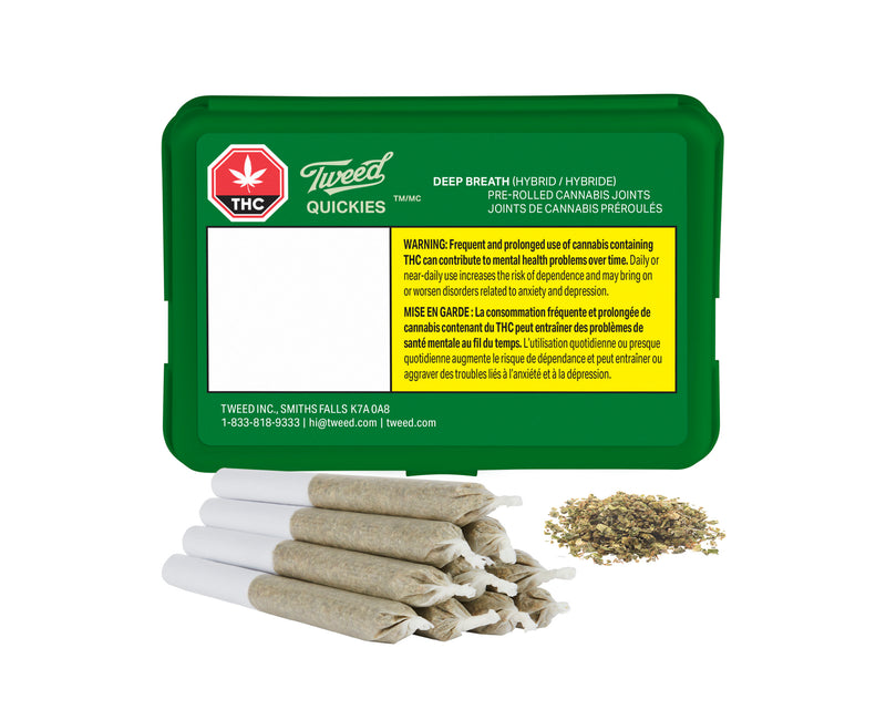 Packaging of Tweed Quickies Deep Breath Pre-Rolled Cannabis Joints with visible joints outside the package.