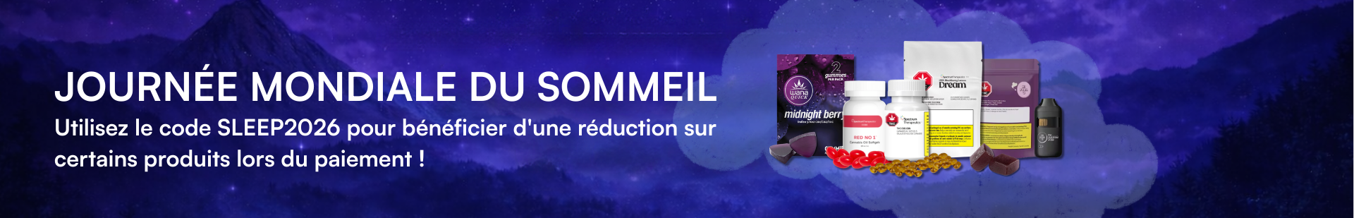 Promotional banner for a sleep aid product with text and product images on a blue gradient background.