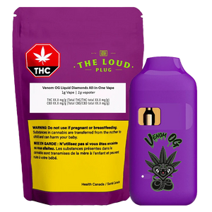 Purple THC vape package with warning label and 'The Loud Plug' branding