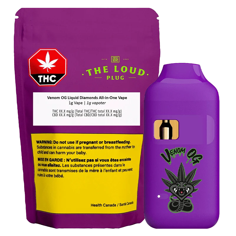 Purple THC vape package with warning label and 'The Loud Plug' branding