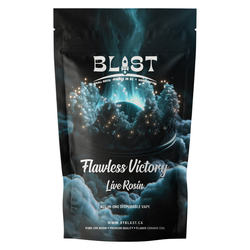Blast Flawless Victory Live Rosin vape packaging with a dark background and blue smoke effect.