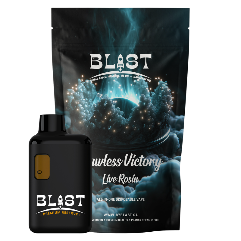 Blast all-in-one disposable vape and packaging with 'Rawless Victory Live Rosin' on a white background