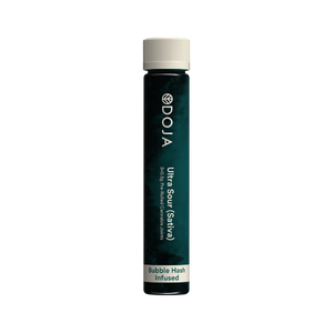 This image features the "Doja Ultra Sour Bubble Hash Infused Pre-Roll," a finely crafted product in a sleek, dark packaging. The pre-roll itself is visible through a clear cap on one end of the tube, highlighting its visually appealing, compact size.